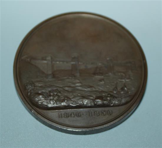 Robert Stephenson copper commemorative medal by Wyon, Completion of the Britannia Tubular Bridge, 1850 (no case)